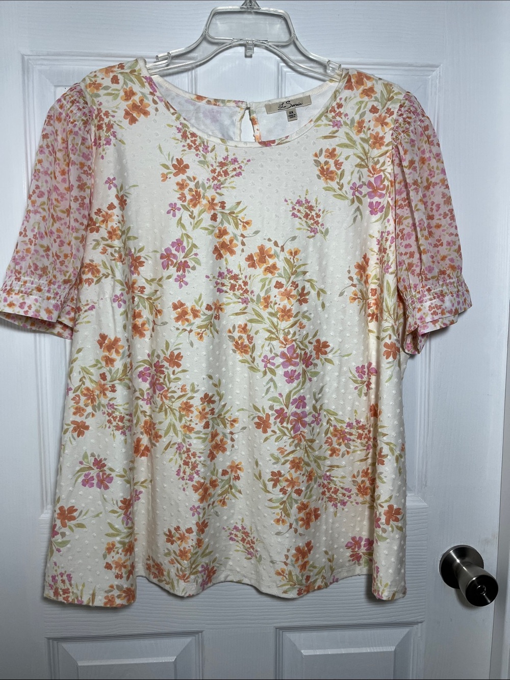 Ivory Floral Short-Sleeve Blouse with Peach Accents